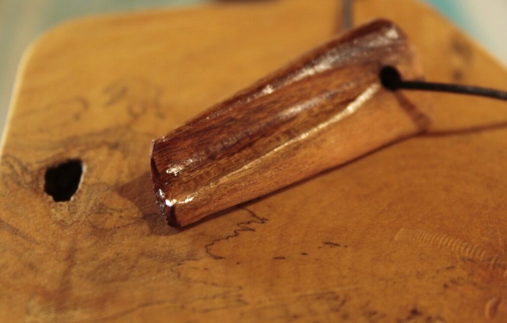 Pendentif tube en bois poli brillant, sur cordon noir